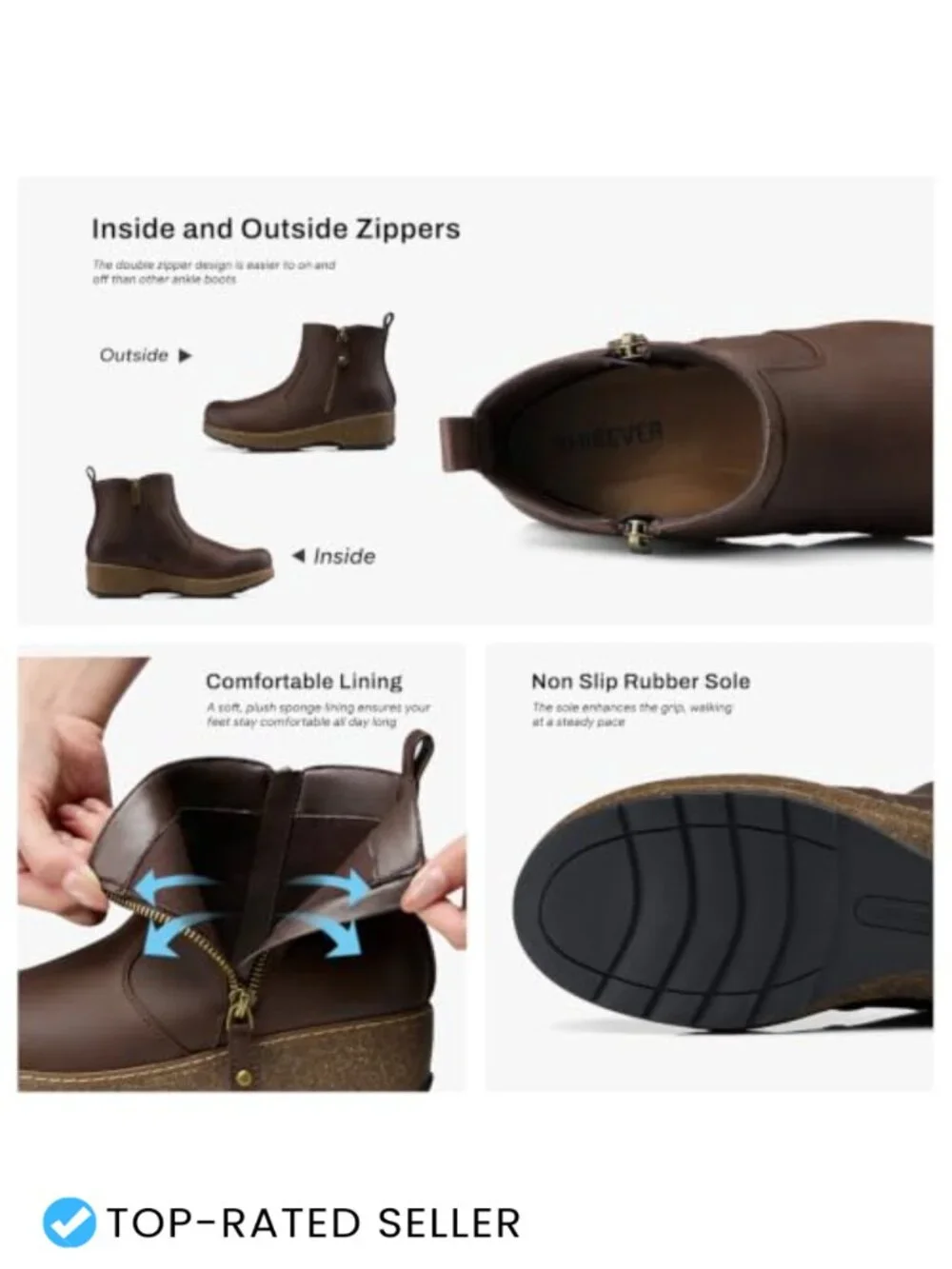 Women's Ankle Boots with Arch Support, Low Wedge Heel, Memory Foam Insole